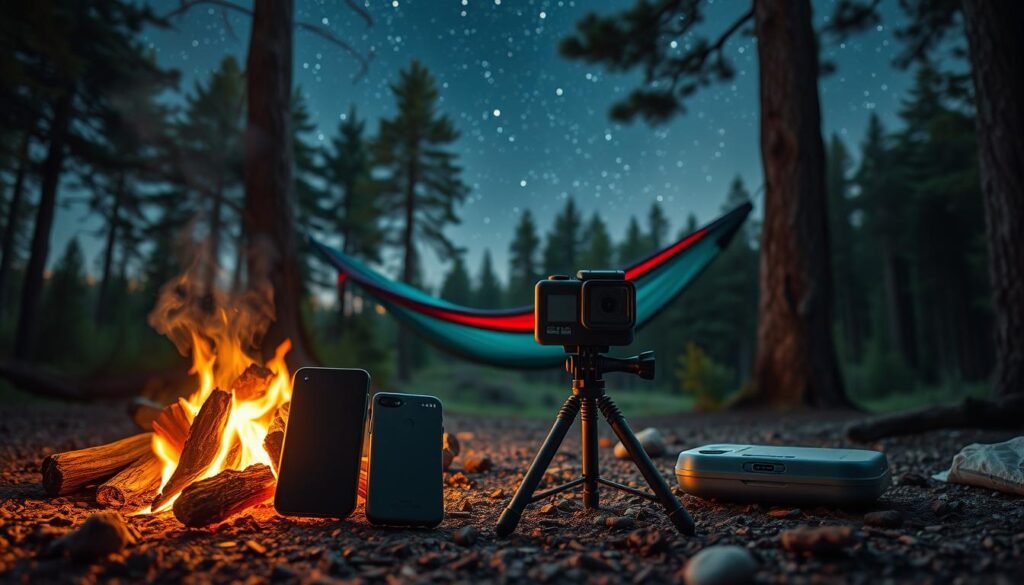 A meticulously crafted campsite, awash in the warm glow of a campfire. In the foreground, an array of cutting-edge tech gear - a sleek, high-capacity power bank, a rugged action camera mounted on a flexible tripod, and a state-of-the-art satellite communicator. The middle ground features an intricately designed hammock suspended between two sturdy trees, complete with a built-in LED lighting system. In the background, a backdrop of verdant pine forests and a starry night sky, captured by a wide-angle lens to create a sense of immersive adventure. The overall atmosphere is one of tranquility and exploration, where modern technology seamlessly integrates with the great outdoors.