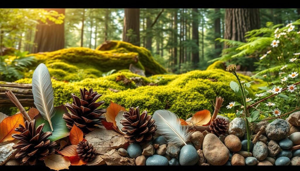A nature-inspired collage bursting with vibrant colors and textures, showcasing the beauty of the great outdoors. In the foreground, an array of found objects from the forest floor - pinecones, feathers, dried leaves, and pebbles - artfully arranged into a captivating display. The middle ground features a lush, verdant backdrop of moss-covered logs, ferns, and delicate wildflowers, illuminated by soft, diffused lighting. In the distance, a glimpse of a towering canopy of trees, casting dappled shadows and creating a serene, peaceful atmosphere. The overall composition conveys a sense of wonder and connection with the natural world, inspiring creativity and a desire to explore and discover the treasures that lie within the forest. A nature-inspired collage bursting with vibrant colors and textures, showcasing the beauty of the great outdoors. In the foreground, an array of found objects from the forest floor - pinecones, feathers, dried leaves, and pebbles - artfully arranged into a captivating display. The middle ground features a lush, verdant backdrop of moss-covered logs, ferns, and delicate wildflowers, illuminated by soft, diffused lighting. In the distance, a glimpse of a towering canopy of trees, casting dappled shadows and creating a serene, peaceful atmosphere. The overall composition conveys a sense of wonder and connection with the natural world, inspiring creativity and a desire to explore and discover the treasures that lie within the forest.