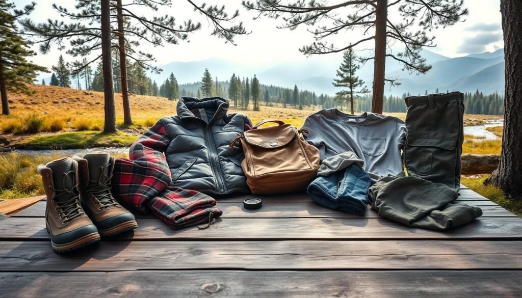 A neatly arranged camping clothes display on a weathered wooden table, illuminated by soft natural light filtering through a canopy of towering pines. In the foreground, a sturdy pair of hiking boots, thick wool socks, and a warm flannel shirt sit alongside a cozy down jacket and water-resistant rain gear. In the middle ground, a weathered leather backpack and a compass lie next to a sturdy pair of cargo pants and a quick-drying t-shirt. The background features a rugged outdoor scene with a rolling meadow, a babbling brook, and distant mountain peaks shrouded in mist, evoking a sense of adventure and exploration. A neatly arranged camping clothes display on a weathered wooden table, illuminated by soft natural light filtering through a canopy of towering pines. In the foreground, a sturdy pair of hiking boots, thick wool socks, and a warm flannel shirt sit alongside a cozy down jacket and water-resistant rain gear. In the middle ground, a weathered leather backpack and a compass lie next to a sturdy pair of cargo pants and a quick-drying t-shirt. The background features a rugged outdoor scene with a rolling meadow, a babbling brook, and distant mountain peaks shrouded in mist, evoking a sense of adventure and exploration.