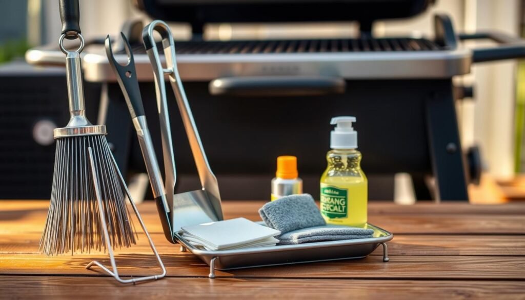 A neatly arranged collection of charcoal grill maintenance tools rests on a wooden surface, illuminated by warm, natural lighting. In the foreground, a sturdy wire brush, tongs, and a long-handled spatula stand ready for cleaning and tending the grill. In the middle ground, a small metal tray holds an assortment of cleaning supplies, such as a scrub pad and a bottle of grill cleaner. The background showcases a charcoal grill, slightly out of focus, hinting at the end goal of this well-curated set of tools. The overall scene conveys a sense of order, practicality, and a dedication to maintaining a beloved outdoor cooking appliance.