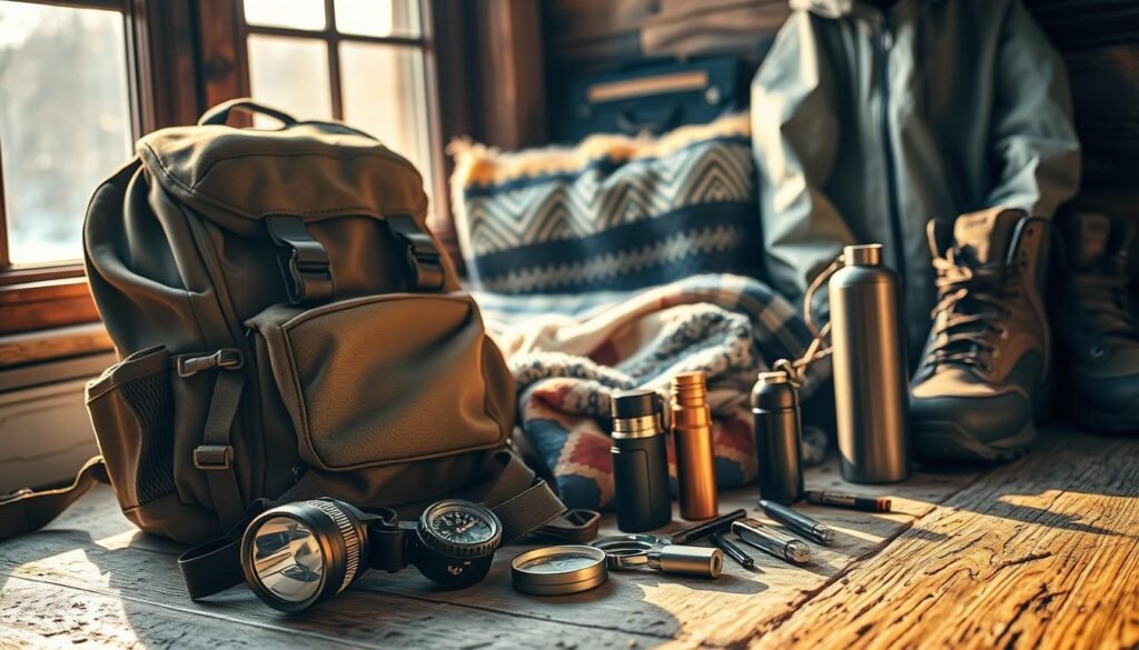 A neatly arranged collection of essential camping accessories rests against a backdrop of a rugged, weathered wooden surface. The scene is bathed in warm, golden sunlight filtering through a window, casting soft shadows and highlights that emphasize the textures and details of the items. In the foreground, a sturdy outdoor backpack, a sleek camping headlamp, and a compass with a polished metal casing sit prominently. In the middle ground, a weatherproof lighter, a compact multi-tool, and a durable water bottle are placed strategically. The background features a cozy woolen blanket, a rugged pair of hiking boots, and a lightweight rain poncho, hinting at the broader array of camping gear. The overall atmosphere exudes a sense of preparedness, functionality, and the promise of outdoor adventures.