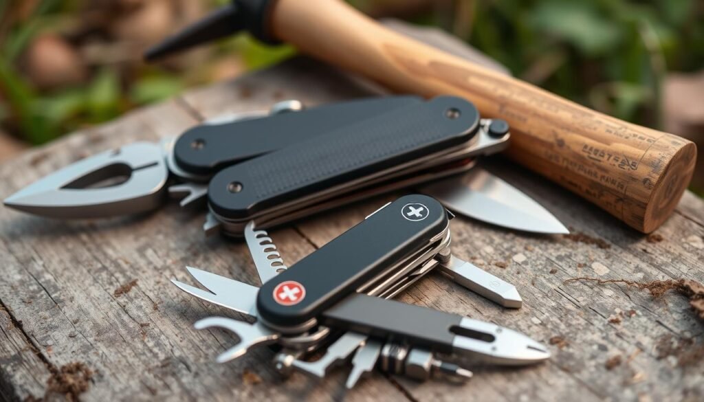A neatly arranged collection of essential multi-tools for camping, showcased in a natural outdoor setting. In the foreground, a high-quality Swiss Army knife, its various blades and tools gleaming in the soft, diffused lighting. In the middle ground, a robust, heavy-duty multi-tool with pliers, wire cutters, and a selection of screwdrivers, resting on a weathered wooden surface. In the background, a compact, lightweight utility knife with a textured grip and a serrated edge, complemented by a sturdy camping hatchet with a well-worn wooden handle. The scene is imbued with a sense of ruggedness and functionality, highlighting the versatility and practicality of these indispensable camping tools. A neatly arranged collection of essential multi-tools for camping, showcased in a natural outdoor setting. In the foreground, a high-quality Swiss Army knife, its various blades and tools gleaming in the soft, diffused lighting. In the middle ground, a robust, heavy-duty multi-tool with pliers, wire cutters, and a selection of screwdrivers, resting on a weathered wooden surface. In the background, a compact, lightweight utility knife with a textured grip and a serrated edge, complemented by a sturdy camping hatchet with a well-worn wooden handle. The scene is imbued with a sense of ruggedness and functionality, highlighting the versatility and practicality of these indispensable camping tools.