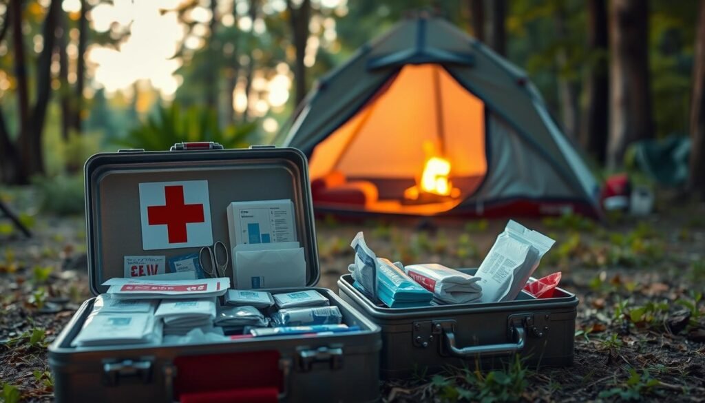 A neatly organized first aid kit set against a warm, inviting camping scene. The foreground features a sturdy metal box with a red cross emblem, its contents clearly visible - bandages, antiseptic wipes, gauze pads, scissors, and other essentials. The middle ground shows a cozy tent surrounded by lush greenery, with a campfire glowing in the distance. Soft, natural lighting casts a gentle glow over the entire composition, evoking a sense of tranquility and preparedness. The overall mood is one of safety, care, and the great outdoors. A neatly organized first aid kit set against a warm, inviting camping scene. The foreground features a sturdy metal box with a red cross emblem, its contents clearly visible - bandages, antiseptic wipes, gauze pads, scissors, and other essentials. The middle ground shows a cozy tent surrounded by lush greenery, with a campfire glowing in the distance. Soft, natural lighting casts a gentle glow over the entire composition, evoking a sense of tranquility and preparedness. The overall mood is one of safety, care, and the great outdoors.