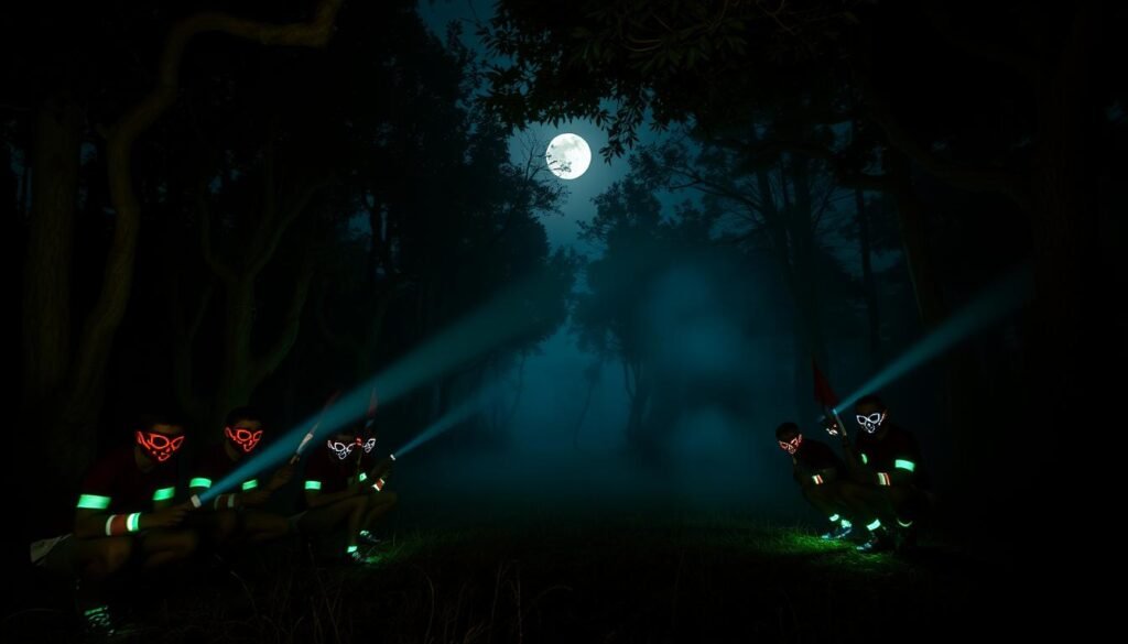 A nighttime forest scene, with dense foliage and twisted tree trunks illuminated by an eerie glow. In the foreground, two teams of players, their faces obscured by neon-colored face paint, crouch low, clutching glowing flag markers. The middle ground is shrouded in a hazy mist, creating an atmosphere of mystery and suspense. Beams of light from their glowing armbands and shoe soles pierce the darkness, casting a soft, otherworldly radiance across the scene. In the background, a full moon hangs low, its pale light filtering through the canopy of leaves. The overall mood is one of excitement, adventure, and a touch of the supernatural.