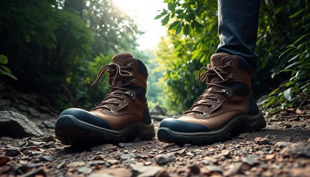 A pair of robust, well-worn hiking boots standing on a rocky trail, surrounded by lush, verdant foliage. The boots are made of durable leather with reinforced toes and ankle support, their treads worn but still offering excellent traction. Sunlight filters through the canopy above, casting a warm, natural glow on the scene. The boots are the focal point, conveying a sense of preparedness and adventure, ready to tackle the challenges of the great outdoors. The image evokes a feeling of exploration, ruggedness, and the promise of unforgettable camping experiences.