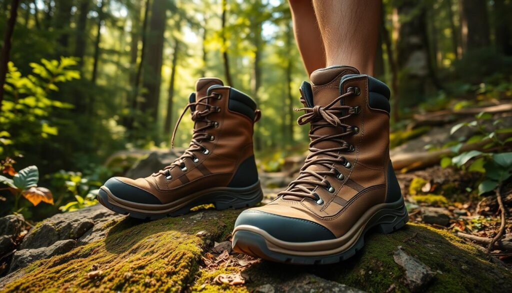 A pair of rugged, weathered hiking boots standing on a rocky, moss-covered trail, surrounded by lush, verdant foliage and dappled sunlight filtering through the canopy of a dense forest. The boots are made of sturdy leather with reinforced toes and heels, featuring thick, deep-treaded soles that grip the uneven terrain. The lighting is warm and natural, casting soft shadows that accentuate the boots' texture and form. The overall scene evokes a sense of adventure, exploration, and the great outdoors, perfectly capturing the essence of the "Footwear for Every Terrain and Condition" section of the camping checklist article. A pair of rugged, weathered hiking boots standing on a rocky, moss-covered trail, surrounded by lush, verdant foliage and dappled sunlight filtering through the canopy of a dense forest. The boots are made of sturdy leather with reinforced toes and heels, featuring thick, deep-treaded soles that grip the uneven terrain. The lighting is warm and natural, casting soft shadows that accentuate the boots' texture and form. The overall scene evokes a sense of adventure, exploration, and the great outdoors, perfectly capturing the essence of the "Footwear for Every Terrain and Condition" section of the camping checklist article.
