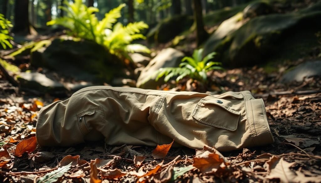 A pair of rugged, well-worn hiking pants in a neutral, earthy tone lies on a forest floor, partially obscured by fallen leaves and twigs. The light filters through the canopy, casting a warm, natural glow on the fabric. The pants feature reinforced knees, multiple pockets, and a durable, water-resistant material. In the background, the understory of the forest is visible, with ferns and mossy rocks creating a sense of depth and tranquility. The image conveys the practical, outdoor-focused nature of the hiking pants, seamlessly blending them into their natural environment. A pair of rugged, well-worn hiking pants in a neutral, earthy tone lies on a forest floor, partially obscured by fallen leaves and twigs. The light filters through the canopy, casting a warm, natural glow on the fabric. The pants feature reinforced knees, multiple pockets, and a durable, water-resistant material. In the background, the understory of the forest is visible, with ferns and mossy rocks creating a sense of depth and tranquility. The image conveys the practical, outdoor-focused nature of the hiking pants, seamlessly blending them into their natural environment.