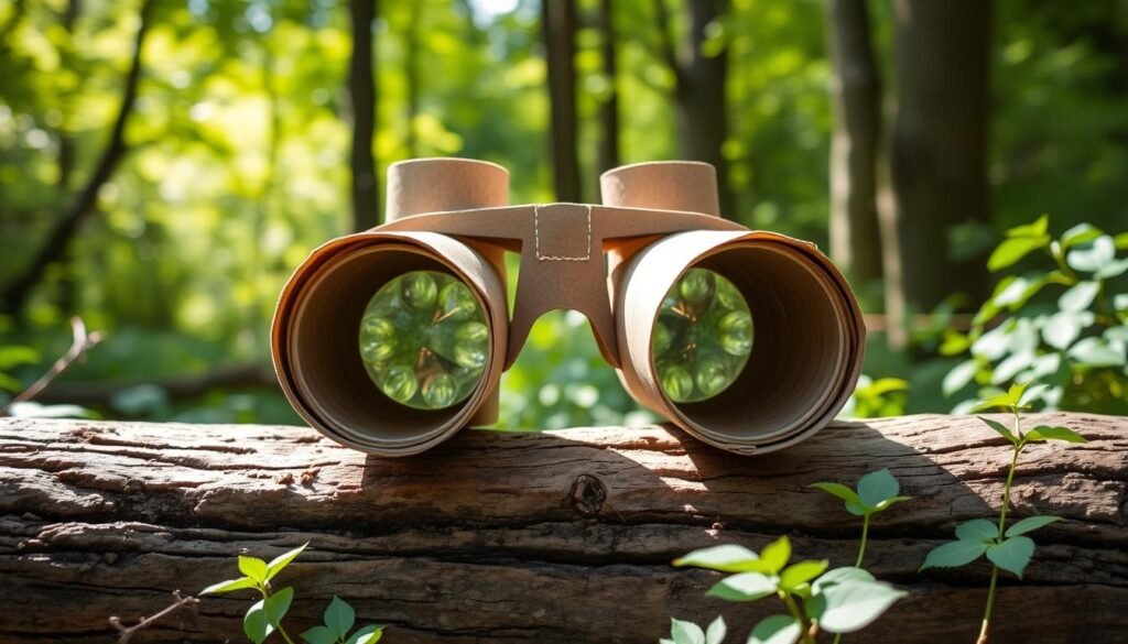 A pair of rustic toilet paper rolls, their cardboard cylinders repurposed into whimsical binoculars. Carefully crafted with a touch of childlike wonder, the binoculars sit atop a wooden log, surrounded by lush greenery and dappled sunlight filtering through the canopy of a verdant forest. The lenses, fashioned from transparent plastic or glass, offer a magnified view of the natural world, inviting the young explorer to peek curiously at the wonders of the wilderness. The scene exudes a sense of adventure and discovery, perfectly capturing the spirit of a creative camping craft for toddlers.