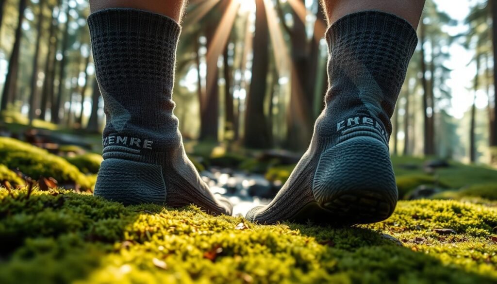 A pair of well-worn, rugged hiking socks laid out on a mossy forest floor, with sunlight filtering through the canopy above, casting warm, natural lighting. The socks are a mix of muted earth tones, with subtle patterns and texture, reflecting their durability and functionality. In the background, a stream gently flows, and the distant silhouettes of tall trees create a serene, verdant atmosphere. The scene conveys a sense of outdoor adventure, comfort, and the essential nature of proper foot care for a successful camping or hiking expedition. A pair of well-worn, rugged hiking socks laid out on a mossy forest floor, with sunlight filtering through the canopy above, casting warm, natural lighting. The socks are a mix of muted earth tones, with subtle patterns and texture, reflecting their durability and functionality. In the background, a stream gently flows, and the distant silhouettes of tall trees create a serene, verdant atmosphere. The scene conveys a sense of outdoor adventure, comfort, and the essential nature of proper foot care for a successful camping or hiking expedition.