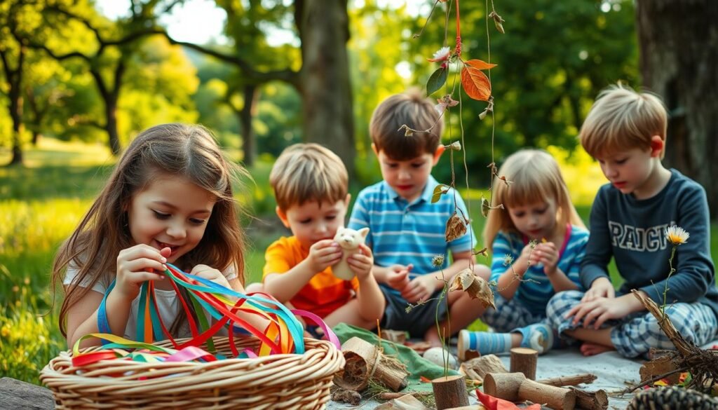 A picturesque outdoor scene featuring a group of children engaged in a variety of whimsical craft projects. In the foreground, a young girl carefully weaves colorful ribbons through a wicker basket, her face filled with concentration. Nearby, a boy shapes moldable clay into a playful animal figurine, his tongue peeking out in focus. In the middle ground, two siblings collaborate on constructing a nature-inspired mobile, suspending leaves, twigs, and delicate wildflowers. The background showcases a lush, verdant landscape, with towering trees casting a warm, golden glow over the peaceful gathering. The overall mood is one of wonder, creativity, and joyful connection with the natural world. A picturesque outdoor scene featuring a group of children engaged in a variety of whimsical craft projects. In the foreground, a young girl carefully weaves colorful ribbons through a wicker basket, her face filled with concentration. Nearby, a boy shapes moldable clay into a playful animal figurine, his tongue peeking out in focus. In the middle ground, two siblings collaborate on constructing a nature-inspired mobile, suspending leaves, twigs, and delicate wildflowers. The background showcases a lush, verdant landscape, with towering trees casting a warm, golden glow over the peaceful gathering. The overall mood is one of wonder, creativity, and joyful connection with the natural world.