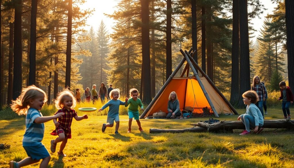 A picturesque outdoor scene of children engaged in a variety of camping games. In the foreground, a group of happy kids playing a lively game of frisbee, their laughter echoing through the serene forest clearing. In the middle ground, a family building a fort from fallen branches, their faces alight with joy and concentration. In the background, silhouettes of children exploring the nearby woods, their imaginations running wild. The scene is bathed in warm, golden sunlight filtering through the tall pine trees, creating a sense of wonder and natural harmony. Realistic textures, lifelike details, and a touch of whimsy bring this enchanting camping adventure to life. A picturesque outdoor scene of children engaged in a variety of camping games. In the foreground, a group of happy kids playing a lively game of frisbee, their laughter echoing through the serene forest clearing. In the middle ground, a family building a fort from fallen branches, their faces alight with joy and concentration. In the background, silhouettes of children exploring the nearby woods, their imaginations running wild. The scene is bathed in warm, golden sunlight filtering through the tall pine trees, creating a sense of wonder and natural harmony. Realistic textures, lifelike details, and a touch of whimsy bring this enchanting camping adventure to life.