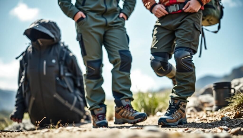 A realistic, well-lit outdoor scene showcasing a variety of high-quality waterproof clothing items. In the foreground, a close-up view of a hooded rain jacket made from durable, water-resistant material. In the middle ground, a pair of weatherproof hiking pants with reinforced knees and ankles. In the background, a backpack and hiking boots, also featuring waterproof construction. The lighting is natural, with soft shadows and highlights accentuating the textures and details of the apparel. The overall mood is one of preparedness and adventure, conveying the importance of proper outerwear for outdoor activities. A realistic, well-lit outdoor scene showcasing a variety of high-quality waterproof clothing items. In the foreground, a close-up view of a hooded rain jacket made from durable, water-resistant material. In the middle ground, a pair of weatherproof hiking pants with reinforced knees and ankles. In the background, a backpack and hiking boots, also featuring waterproof construction. The lighting is natural, with soft shadows and highlights accentuating the textures and details of the apparel. The overall mood is one of preparedness and adventure, conveying the importance of proper outerwear for outdoor activities.