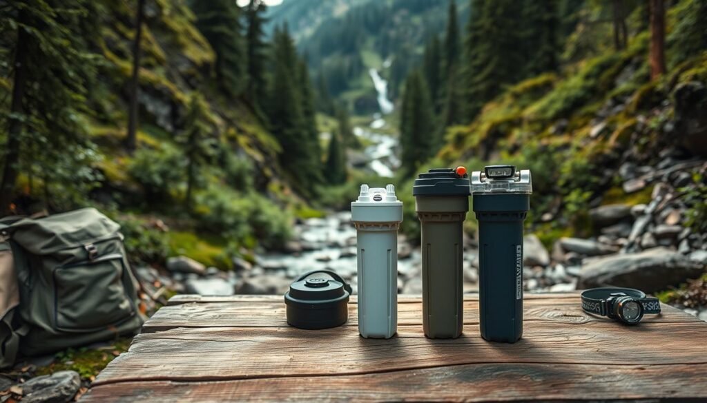 A rugged campsite nestled in a lush, verdant forest, with a clear mountain stream running nearby. In the foreground, several water filters sit on a weathered wooden table, their sleek designs and practical features highlighted by soft, natural lighting. The filters are surrounded by camping gear - a backpack, headlamp, and other essentials - conveying their importance as a vital component of a successful outdoor adventure. The overall mood is one of tranquility and self-reliance, reflecting the essential role these water filters play in ensuring a safe, hydrated journey through the wilderness. A rugged campsite nestled in a lush, verdant forest, with a clear mountain stream running nearby. In the foreground, several water filters sit on a weathered wooden table, their sleek designs and practical features highlighted by soft, natural lighting. The filters are surrounded by camping gear - a backpack, headlamp, and other essentials - conveying their importance as a vital component of a successful outdoor adventure. The overall mood is one of tranquility and self-reliance, reflecting the essential role these water filters play in ensuring a safe, hydrated journey through the wilderness.