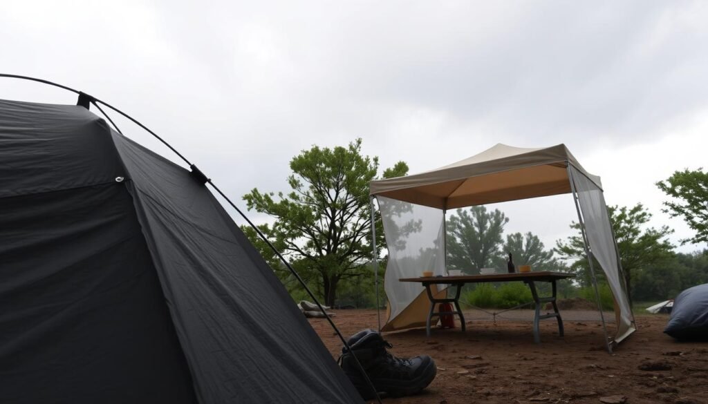 A rugged campsite under an overcast sky, rain showers approaching. In the foreground, a sturdy tent with a rain fly, its exterior textured with durable waterproof material. Nearby, a backpack and hiking boots, ready for the elements. In the middle ground, a well-equipped camping table sheltered by a compact, foldable canopy, its translucent panels offering protection from the drizzle. In the background, trees sway gently, their leaves rustling in the breeze. Soft, diffused lighting creates an atmosphere of cozy preparedness, as the campsite braces for the incoming storm, ready to weather the conditions with reliable, high-quality gear. A rugged campsite under an overcast sky, rain showers approaching. In the foreground, a sturdy tent with a rain fly, its exterior textured with durable waterproof material. Nearby, a backpack and hiking boots, ready for the elements. In the middle ground, a well-equipped camping table sheltered by a compact, foldable canopy, its translucent panels offering protection from the drizzle. In the background, trees sway gently, their leaves rustling in the breeze. Soft, diffused lighting creates an atmosphere of cozy preparedness, as the campsite braces for the incoming storm, ready to weather the conditions with reliable, high-quality gear.