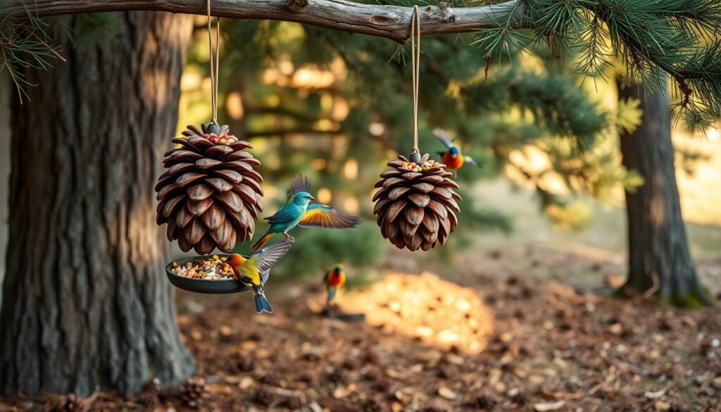 A rustic outdoor scene with a pair of pinecone bird feeders hanging from a weathered wooden branch. The feeders are adorned with colorful seed and suet, attracting a variety of vibrant songbirds perched on the feeder or fluttering nearby. Soft, natural lighting filters through the surrounding pine trees, casting a warm glow and gentle shadows. The ground is covered in a layer of pine needles and fallen cones, completing the cozy, nature-inspired atmosphere. The image is realistic and detailed, inviting the viewer to imagine the sights and sounds of these charming backyard bird feeders.