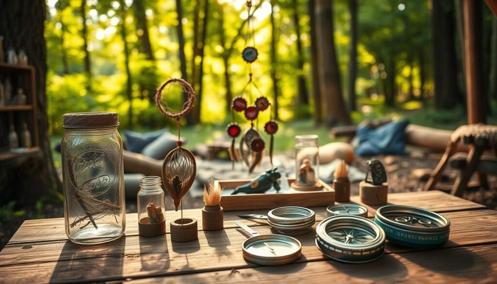 A rustic, well-lit scene depicts a cozy outdoor camping setup. In the foreground, a group of creatively repurposed crafts made from recycled materials - a lantern crafted from a glass jar, a dreamcatcher with woven twigs, and a mobile hanging from upcycled bottle caps. In the middle ground, a wooden picnic table hosts an assortment of handmade trinkets and tools, like a compass made from a bottle lid and a magnifying glass from a jar lid. The background shows a verdant forest backdrop, with sunlight filtering through the trees and casting a warm, natural glow over the entire scene. The overall mood is one of rustic charm, environmental consciousness, and inventive outdoor living. A rustic, well-lit scene depicts a cozy outdoor camping setup. In the foreground, a group of creatively repurposed crafts made from recycled materials - a lantern crafted from a glass jar, a dreamcatcher with woven twigs, and a mobile hanging from upcycled bottle caps. In the middle ground, a wooden picnic table hosts an assortment of handmade trinkets and tools, like a compass made from a bottle lid and a magnifying glass from a jar lid. The background shows a verdant forest backdrop, with sunlight filtering through the trees and casting a warm, natural glow over the entire scene. The overall mood is one of rustic charm, environmental consciousness, and inventive outdoor living.