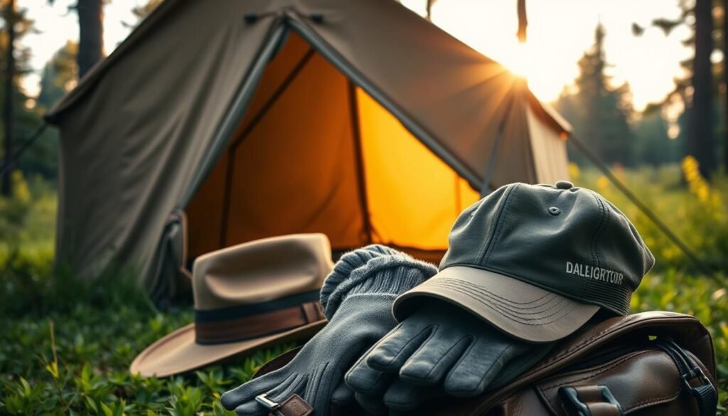 A rustic, well-worn canvas tent in a lush forest glade, illuminated by the soft, golden light of a setting sun. In the foreground, an assortment of practical headwear options for the outdoors - a sturdy, wide-brimmed hat with a leather strap, a cozy knit beanie, and a weathered baseball cap with a faded logo. Nearby, a pair of thick, insulated gloves lie atop a worn leather backpack, ready to protect hands from the elements. The overall scene evokes a sense of rugged preparedness and a connection to the natural world.