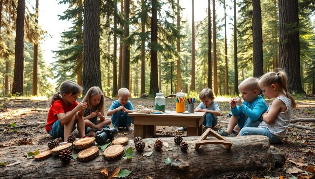 A serene forest clearing, soft dappled sunlight filtering through the canopy. In the foreground, a group of children sit around a log, engrossed in crafting. Wooden log slices, pinecones, and leaves are carefully arranged on the ground, as young hands shape them into intricate nature-inspired tools - a compass, binoculars, and a magnifying glass. In the middle ground, a rustic wooden table holds an array of craft supplies - twine, markers, paints. In the background, tall evergreen trees loom, creating a sense of adventure and exploration. The scene conveys a mood of curiosity, hands-on learning, and immersion in the natural world. A serene forest clearing, soft dappled sunlight filtering through the canopy. In the foreground, a group of children sit around a log, engrossed in crafting. Wooden log slices, pinecones, and leaves are carefully arranged on the ground, as young hands shape them into intricate nature-inspired tools - a compass, binoculars, and a magnifying glass. In the middle ground, a rustic wooden table holds an array of craft supplies - twine, markers, paints. In the background, tall evergreen trees loom, creating a sense of adventure and exploration. The scene conveys a mood of curiosity, hands-on learning, and immersion in the natural world.