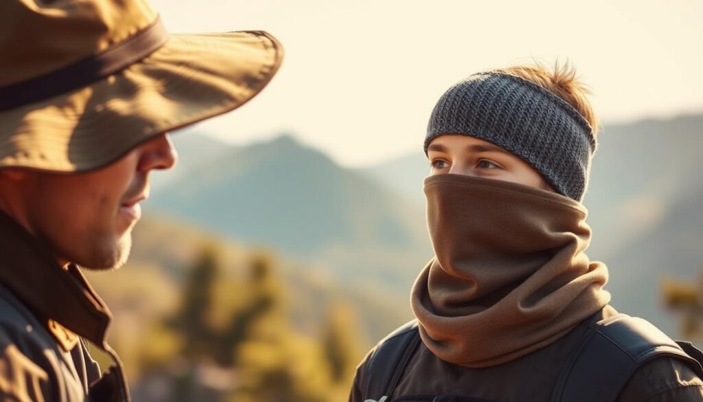 A serene outdoor scene captures the essential elements of head and neck protection for a camping adventure. In the foreground, a weathered canvas hat with a wide brim casts a comforting shadow over the face, shielding the eyes from the sun's glare. The middle ground showcases a high-quality, insulated neck gaiter in a neutral tone, its soft, breathable fabric ready to guard against the chill of a brisk mountain breeze. In the background, a rugged, moisture-wicking headband sits poised, its textured material designed to wick away sweat and keep the wearer cool and comfortable during strenuous hikes. Warm, natural lighting bathes the scene, conveying a sense of tranquility and preparedness for any outdoor adventure. A serene outdoor scene captures the essential elements of head and neck protection for a camping adventure. In the foreground, a weathered canvas hat with a wide brim casts a comforting shadow over the face, shielding the eyes from the sun's glare. The middle ground showcases a high-quality, insulated neck gaiter in a neutral tone, its soft, breathable fabric ready to guard against the chill of a brisk mountain breeze. In the background, a rugged, moisture-wicking headband sits poised, its textured material designed to wick away sweat and keep the wearer cool and comfortable during strenuous hikes. Warm, natural lighting bathes the scene, conveying a sense of tranquility and preparedness for any outdoor adventure.