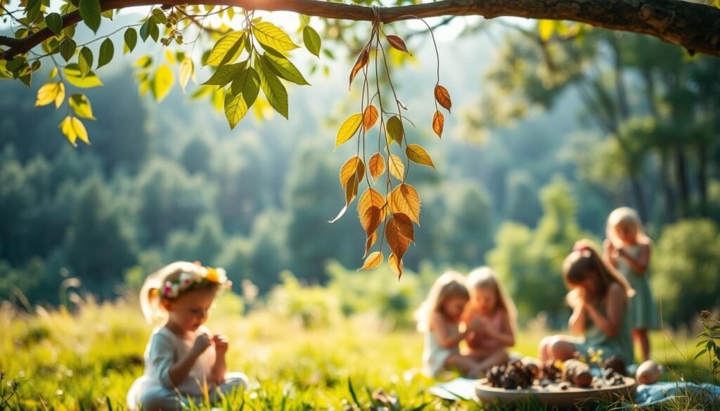 A serene outdoor scene with a variety of nature-themed crafts for kids, showcasing their connection to the natural world. In the foreground, a small child sits crafting a flower crown from freshly picked wildflowers. Behind them, a DIY leaf garland hangs from a low-hanging tree branch, its delicate leaves gently swaying in the breeze. In the middle ground, a group of children use acorns, pinecones, and twigs to create rustic, earthy jewelry and accessories. The background features a lush, verdant forest landscape, with sunlight filtering through the canopy, casting a warm, soft glow over the entire scene. The overall mood is one of tranquility, creativity, and a deep appreciation for the beauty of the natural environment. A serene outdoor scene with a variety of nature-themed crafts for kids, showcasing their connection to the natural world. In the foreground, a small child sits crafting a flower crown from freshly picked wildflowers. Behind them, a DIY leaf garland hangs from a low-hanging tree branch, its delicate leaves gently swaying in the breeze. In the middle ground, a group of children use acorns, pinecones, and twigs to create rustic, earthy jewelry and accessories. The background features a lush, verdant forest landscape, with sunlight filtering through the canopy, casting a warm, soft glow over the entire scene. The overall mood is one of tranquility, creativity, and a deep appreciation for the beauty of the natural environment.