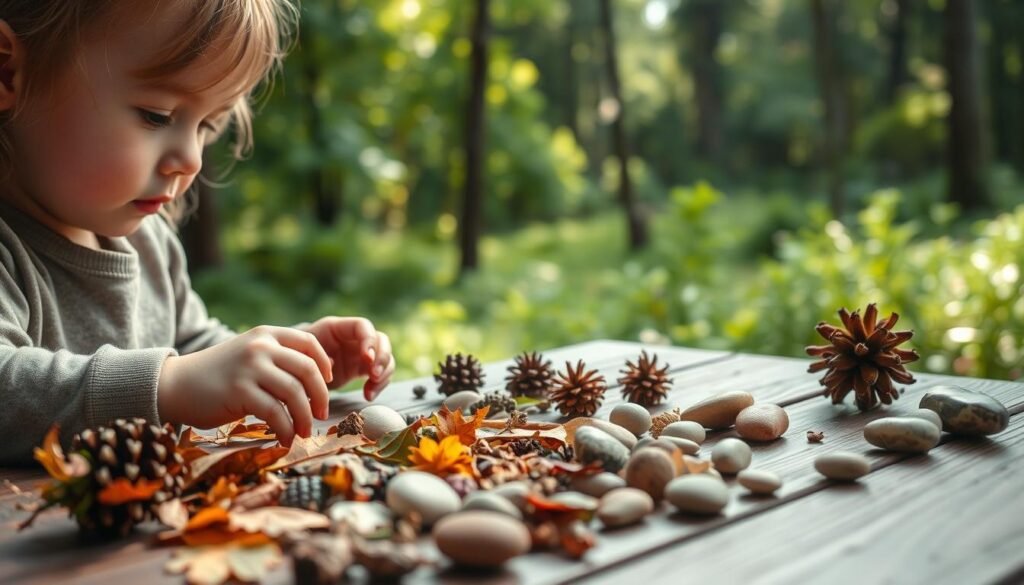 A serene outdoor scene with a young child carefully arranging a nature collage on a wooden table. The foreground features an array of natural elements such as fallen leaves, pinecones, dried flowers, and smooth pebbles. The child's small hands delicately place these found treasures into a pleasing arrangement, their face filled with concentration and wonder. The middle ground showcases a lush, verdant forest backdrop, with sunlight filtering through the canopy and casting a warm, gentle glow. The overall mood is one of tranquility and creativity, inviting the viewer to experience the simple joy of connecting with nature through hands-on exploration and artistic expression.