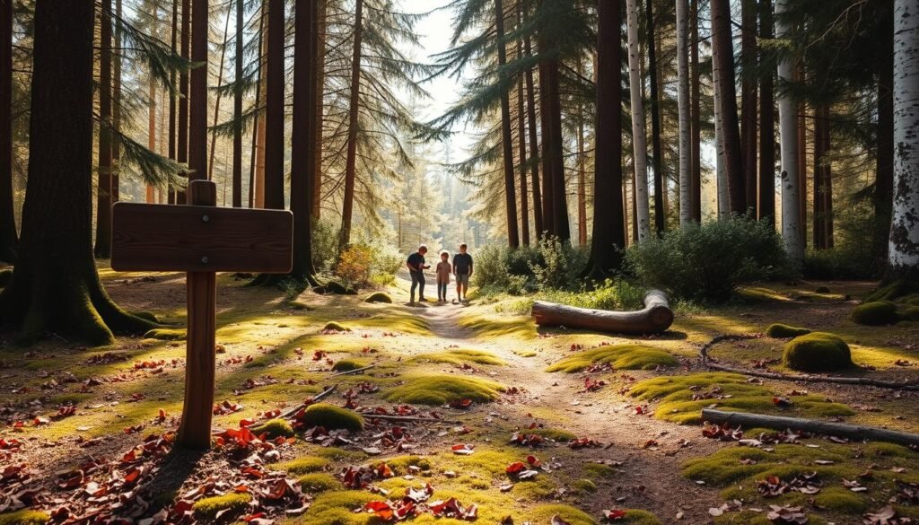 A sun-dappled forest clearing, the ground carpeted with fallen leaves and moss. A worn wooden sign points the way to a hidden path, surrounded by towering firs and birches. In the middle distance, a family explores the natural wonders, peering under logs and into bushes, searching for plants, insects, and other treasures to add to their scavenger hunt list. Soft, diffused lighting filters through the canopy, casting a warm glow over the serene scene. The atmosphere is one of curiosity, discovery, and a deep connection with the beauty of the wilderness.