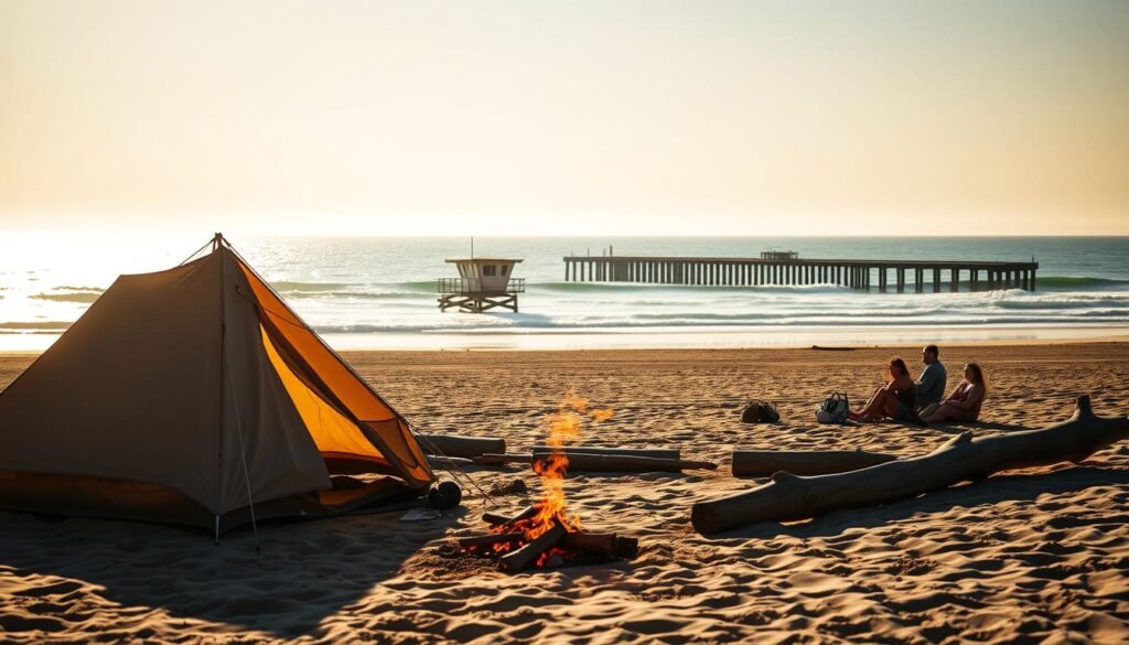 A sun-drenched beach, the gentle lapping of waves against the shore. In the foreground, a cozy campsite comes into view - a weathered canvas tent, a campfire crackling with the promise of s'mores, and a group of friends relaxing on driftwood logs. In the middle ground, a lifeguard tower stands watch, casting long shadows across the golden sand. In the distance, a picturesque jetty leads the eye to a horizon line where the ocean and sky meet in a hazy, pastel blur. Soft, diffused lighting illuminates the scene, creating a warm, inviting atmosphere. The overall mood is one of serene relaxation and adventure, perfectly capturing the essence of "Planning Your Perfect Beach Camping Adventure". A sun-drenched beach, the gentle lapping of waves against the shore. In the foreground, a cozy campsite comes into view - a weathered canvas tent, a campfire crackling with the promise of s'mores, and a group of friends relaxing on driftwood logs. In the middle ground, a lifeguard tower stands watch, casting long shadows across the golden sand. In the distance, a picturesque jetty leads the eye to a horizon line where the ocean and sky meet in a hazy, pastel blur. Soft, diffused lighting illuminates the scene, creating a warm, inviting atmosphere. The overall mood is one of serene relaxation and adventure, perfectly capturing the essence of "Planning Your Perfect Beach Camping Adventure".