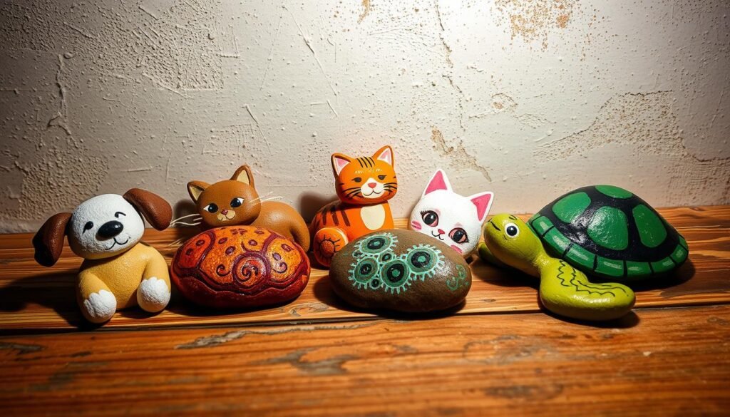 A vibrant and whimsical scene of handcrafted, painted rock animals resting on a weathered wooden surface. In the foreground, a delightful menagerie of carefully sculpted and detailed creatures, including a playful puppy, a curious cat, and a serene turtle, their surfaces adorned with warm, earthy hues and intricate patterns. The middle ground features a few finished rocks ready to be placed in a cozy pocket or displayed on a shelf, casting soft, natural shadows. The background showcases a rustic, textured wall, allowing the artistry of the painted rocks to take center stage. The overall lighting is gentle and diffused, creating a sense of coziness and handmade charm, inviting the viewer to imagine these pocket-sized pets coming to life. A vibrant and whimsical scene of handcrafted, painted rock animals resting on a weathered wooden surface. In the foreground, a delightful menagerie of carefully sculpted and detailed creatures, including a playful puppy, a curious cat, and a serene turtle, their surfaces adorned with warm, earthy hues and intricate patterns. The middle ground features a few finished rocks ready to be placed in a cozy pocket or displayed on a shelf, casting soft, natural shadows. The background showcases a rustic, textured wall, allowing the artistry of the painted rocks to take center stage. The overall lighting is gentle and diffused, creating a sense of coziness and handmade charm, inviting the viewer to imagine these pocket-sized pets coming to life.
