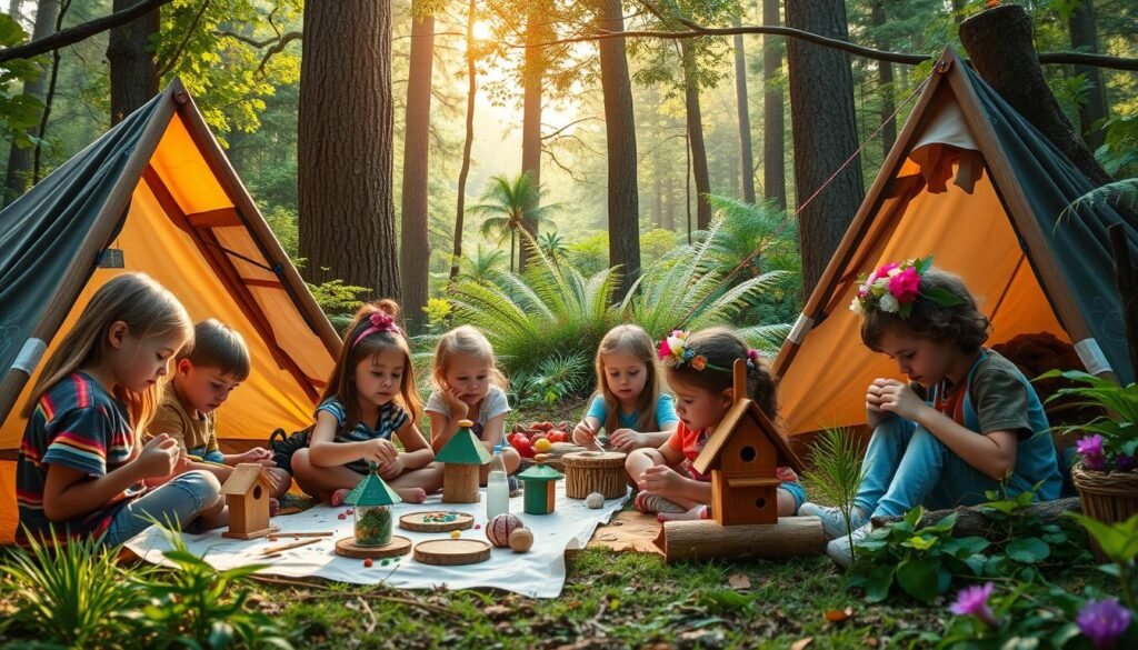 A vibrant outdoor scene featuring a cozy campsite nestled in a lush, natural setting. In the foreground, a group of children are engaged in various wildlife-friendly crafting activities - painting birdhouses, constructing bug hotels, and weaving flower crowns. The children's faces are filled with wonder and concentration as they learn about conservation and sustainable living. The middle ground showcases a tranquil forest backdrop, with towering trees, ferns, and wildflowers. Soft, warm lighting filters through the canopy, casting a gentle glow on the scene. The overall mood is one of exploration, discovery, and a deep appreciation for the natural world. A vibrant outdoor scene featuring a cozy campsite nestled in a lush, natural setting. In the foreground, a group of children are engaged in various wildlife-friendly crafting activities - painting birdhouses, constructing bug hotels, and weaving flower crowns. The children's faces are filled with wonder and concentration as they learn about conservation and sustainable living. The middle ground showcases a tranquil forest backdrop, with towering trees, ferns, and wildflowers. Soft, warm lighting filters through the canopy, casting a gentle glow on the scene. The overall mood is one of exploration, discovery, and a deep appreciation for the natural world.