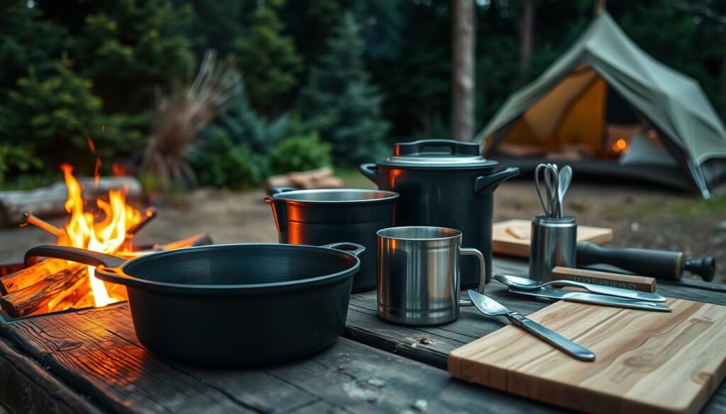 A well-curated collection of high-quality camping cookware arranged on a rustic wooden surface. In the foreground, a cast-iron skillet, a sturdy cooking pot, and a stainless-steel mug catch the warm glow of a nearby campfire. In the middle ground, a wooden cutting board, a chef's knife, and a set of metal utensils suggest the preparation of a hearty outdoor meal. In the background, a backdrop of lush, evergreen foliage and a glimpse of a cozy tent evoke the tranquil ambiance of a secluded camping site. The scene is illuminated by the soft, natural lighting of the campfire, casting a comforting and inviting atmosphere. A well-curated collection of high-quality camping cookware arranged on a rustic wooden surface. In the foreground, a cast-iron skillet, a sturdy cooking pot, and a stainless-steel mug catch the warm glow of a nearby campfire. In the middle ground, a wooden cutting board, a chef's knife, and a set of metal utensils suggest the preparation of a hearty outdoor meal. In the background, a backdrop of lush, evergreen foliage and a glimpse of a cozy tent evoke the tranquil ambiance of a secluded camping site. The scene is illuminated by the soft, natural lighting of the campfire, casting a comforting and inviting atmosphere.