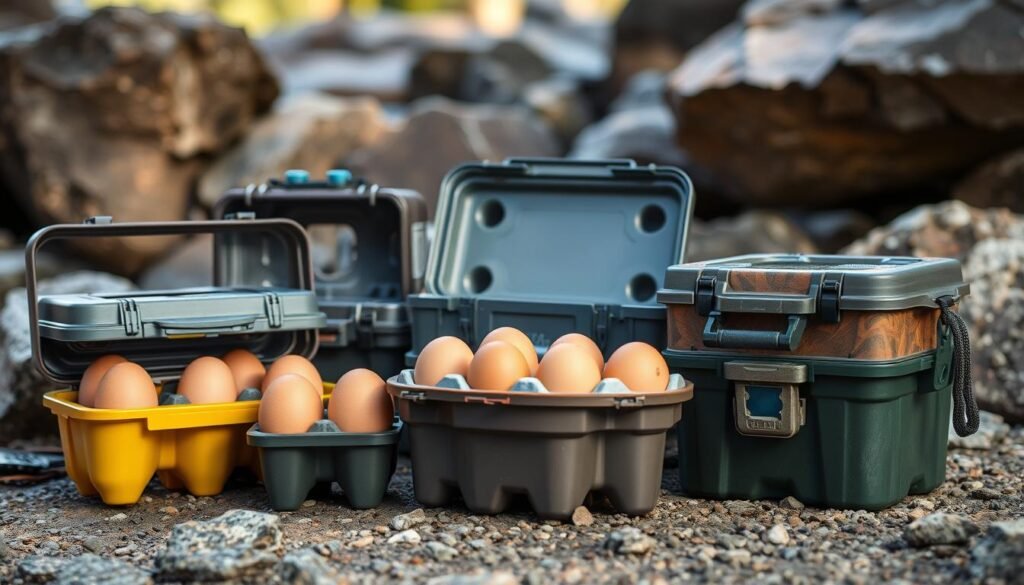A well-lit, high-quality photograph of several durable, rugged egg storage containers made of sturdy materials like metal, plastic, or wood. The containers are arranged in a visually appealing manner, showcasing their practical features like tight-fitting lids, cushioned interiors, and secure latches. The scene is set against a natural, outdoor backdrop, such as a rocky terrain or forest setting, to emphasize their suitability for outdoor adventures. The lighting is soft and diffused, highlighting the detailed textures and colors of the egg holders. The overall composition is balanced and draws the viewer's attention to the key features of these top-rated egg storage solutions for outdoor enthusiasts.