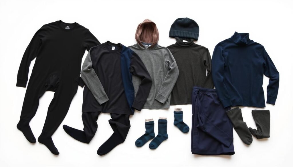 A well-lit, studio-style photograph showcasing a flat-lay arrangement of essential base layers for camping. In the foreground, high-quality thermal underwear, long-sleeved shirts, and turtlenecks in neutral hues like black, gray, and navy blue. In the middle ground, warm socks, gloves, and a beanie in complementary colors. The background features a simple, clean backdrop, allowing the garments to be the focal point. Crisp, detailed textures and natural lighting create a sense of warmth and practicality, highlighting the functionality of these versatile base layer pieces for outdoor adventures.