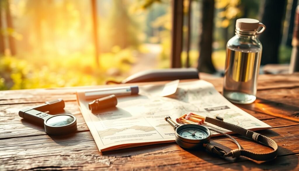 A well-organized camping checklist laid out on a rustic wooden table, illuminated by soft, warm natural lighting. In the foreground, various essential camping gear and supplies are neatly arranged, including a compass, flashlight, matches, and a water bottle. In the middle ground, a compass and map are displayed, hinting at the adventure to come. The background features a blurred, scenic forest landscape, evocative of the great outdoors. The composition and lighting create a sense of preparedness, organization, and anticipation for an upcoming camping trip.