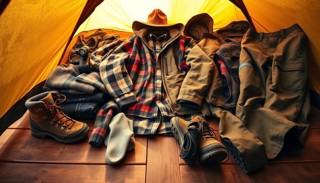 A well-organized camping wardrobe laid out on a wooden surface, illuminated by warm natural light filtering through a tent. In the foreground, essential items like sturdy hiking boots, wool socks, and quick-dry base layers. In the middle, a cozy flannel shirt, insulating jacket, and weather-resistant outer shell. In the background, a wide-brimmed hat, durable cargo pants, and practical accessories like a headlamp and water bottle. The overall mood is practical, rugged, and adventure-ready, capturing the essentials for a comfortable and prepared camping excursion.