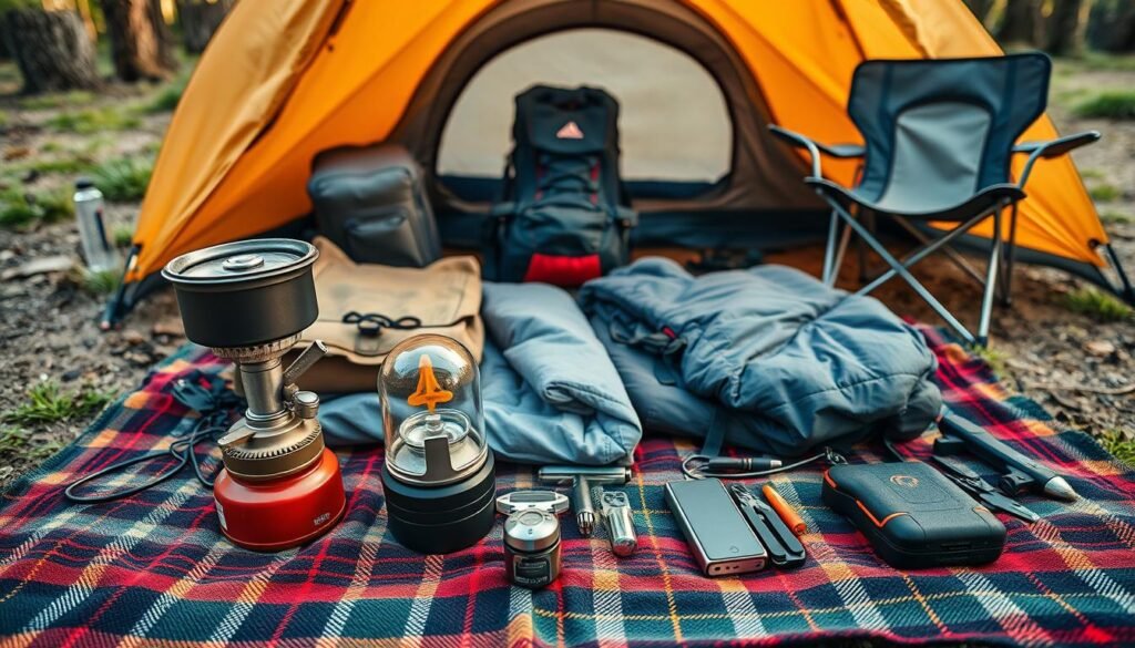 A well-organized campsite with top-rated outdoor gear laid out on a cozy plaid blanket. In the foreground, a high-quality camping stove, a sturdy water bottle, and a reliable headlamp. In the middle ground, a durable backpack, a lightweight sleeping bag, and a comfortable camping chair. In the background, a state-of-the-art tent, a portable power bank, and an advanced multi-tool. The scene is illuminated by warm, natural lighting, captured with a wide-angle lens to showcase the carefully curated selection of essential camping equipment. The overall atmosphere conveys a sense of preparedness, comfort, and the joy of outdoor adventures. A well-organized campsite with top-rated outdoor gear laid out on a cozy plaid blanket. In the foreground, a high-quality camping stove, a sturdy water bottle, and a reliable headlamp. In the middle ground, a durable backpack, a lightweight sleeping bag, and a comfortable camping chair. In the background, a state-of-the-art tent, a portable power bank, and an advanced multi-tool. The scene is illuminated by warm, natural lighting, captured with a wide-angle lens to showcase the carefully curated selection of essential camping equipment. The overall atmosphere conveys a sense of preparedness, comfort, and the joy of outdoor adventures.