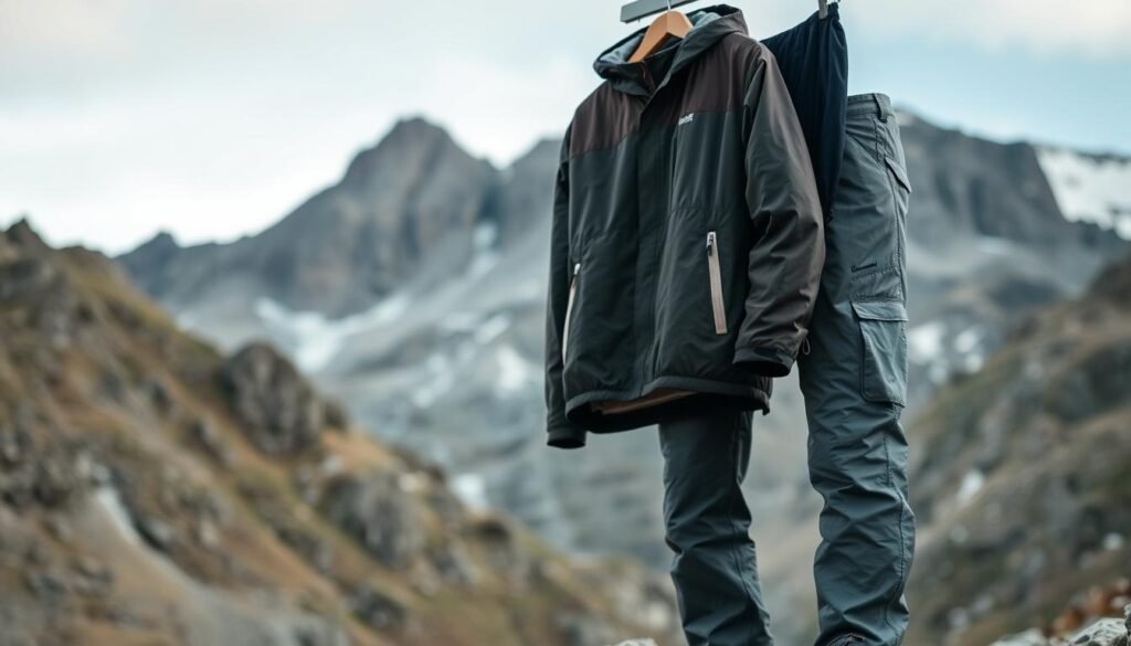 A well-organized layering system for outdoor activities, showcased against a rugged mountain landscape. In the foreground, a base layer of moisture-wicking thermal underwear, followed by a midlayer of breathable fleece. The outer shell, a waterproof and windproof jacket, hangs in the middle ground. In the background, a pair of insulated, weatherproof hiking pants complete the ensemble. Soft, diffused lighting illuminates the equipment, capturing its versatility and functionality. The scene conveys a sense of preparedness and comfort for the adventurous outdoors.