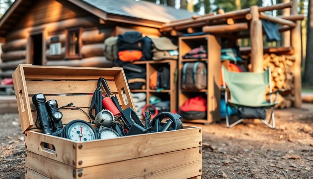 A well-organized outdoor camp scene, featuring an assortment of camping gear storage solutions. In the foreground, a sturdy wooden storage crate filled with neatly arranged camping essentials: flashlights, a mess kit, and a weathered compass. In the middle ground, a compact, modular shelving unit displays a variety of hiking accessories, backpacks, and camp chairs. The background showcases a rustic cabin, with a log rack nearby, casting warm, natural lighting across the scene. The overall mood evokes a sense of practicality and preparedness, suitable for an outdoor adventure.