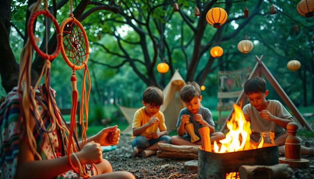 A whimsical outdoor scene of children engaged in captivating camping crafts. In the foreground, a young girl carefully weaves colorful threads into a dreamcatcher, her face lit by the warm glow of a campfire. In the middle ground, two boys diligently carve wooden figurines, their brows furrowed in concentration. In the background, a canopy of towering trees casts dappled shadows, creating a serene, natural atmosphere. The camp is adorned with festive garlands, handmade lanterns, and other charming DIY decorations, emanating a sense of joyful, creative exploration. Soft, diffused lighting casts a magical ambiance, enhancing the vibrant hues of the crafts and the wonder on the children's faces. A whimsical outdoor scene of children engaged in captivating camping crafts. In the foreground, a young girl carefully weaves colorful threads into a dreamcatcher, her face lit by the warm glow of a campfire. In the middle ground, two boys diligently carve wooden figurines, their brows furrowed in concentration. In the background, a canopy of towering trees casts dappled shadows, creating a serene, natural atmosphere. The camp is adorned with festive garlands, handmade lanterns, and other charming DIY decorations, emanating a sense of joyful, creative exploration. Soft, diffused lighting casts a magical ambiance, enhancing the vibrant hues of the crafts and the wonder on the children's faces.