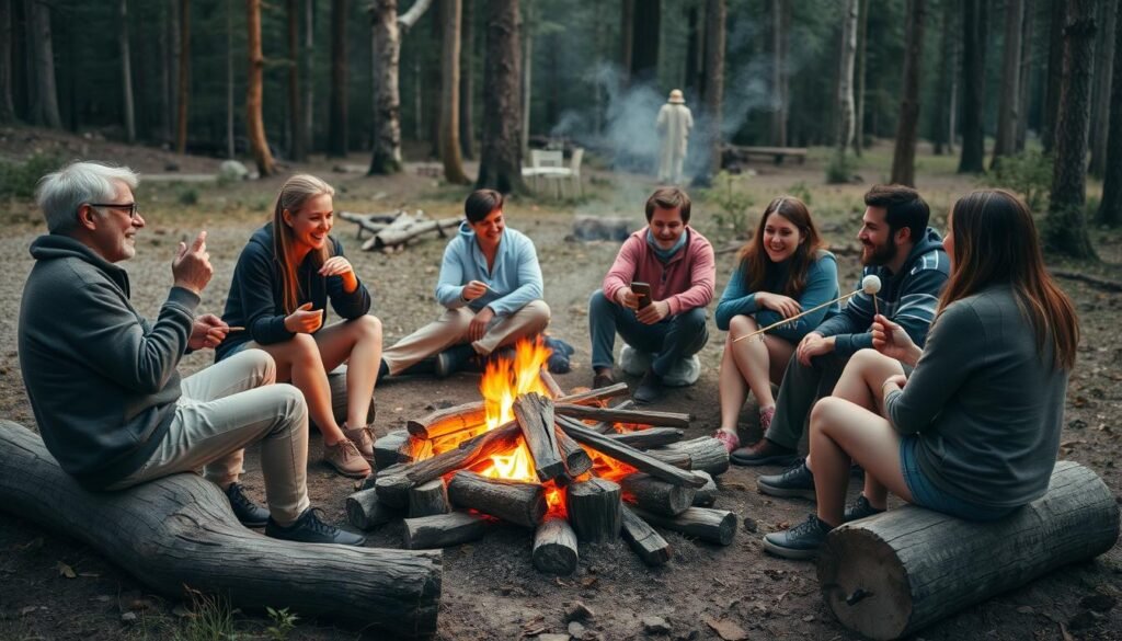 Adult campfire games around a crackling fire