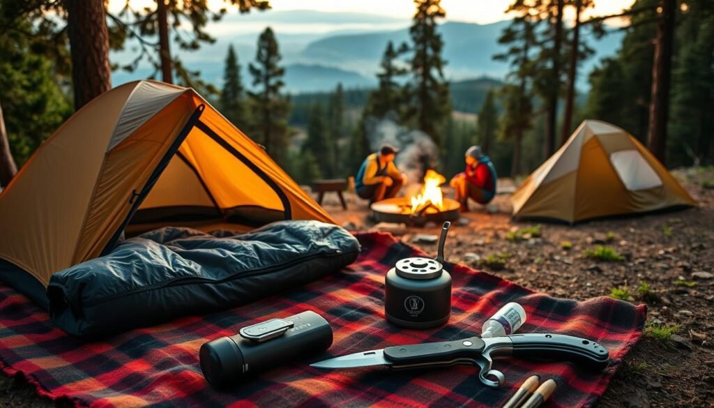 An outdoor campsite nestled in a serene forest, bathed in warm, golden-hour lighting. In the foreground, a collection of premium camping gear meticulously arranged on a plaid blanket - a sturdy, weatherproof tent, a high-quality sleeping bag, a compact camp stove, and a durable, multi-purpose utility knife. In the middle ground, a group of hikers enjoying a hot meal around a crackling campfire, their faces lit by the dancing flames. In the background, a breathtaking vista of rolling hills and towering pine trees, hinting at the natural wonders that await the adventurous camper. The scene radiates a sense of rugged, yet cozy, adventure, inviting the viewer to imagine the transformative power of quality camping gear in the great outdoors. An outdoor campsite nestled in a serene forest, bathed in warm, golden-hour lighting. In the foreground, a collection of premium camping gear meticulously arranged on a plaid blanket - a sturdy, weatherproof tent, a high-quality sleeping bag, a compact camp stove, and a durable, multi-purpose utility knife. In the middle ground, a group of hikers enjoying a hot meal around a crackling campfire, their faces lit by the dancing flames. In the background, a breathtaking vista of rolling hills and towering pine trees, hinting at the natural wonders that await the adventurous camper. The scene radiates a sense of rugged, yet cozy, adventure, inviting the viewer to imagine the transformative power of quality camping gear in the great outdoors.