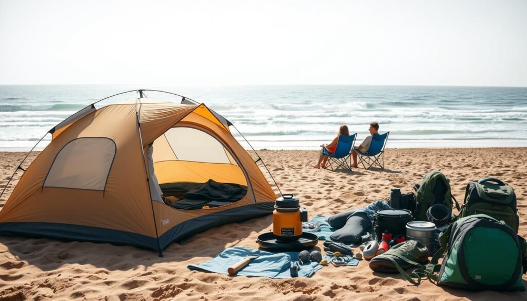 Beach camping gear setup with sand-free tent and organized equipment Beach camping gear setup with sand-free tent and organized equipment
