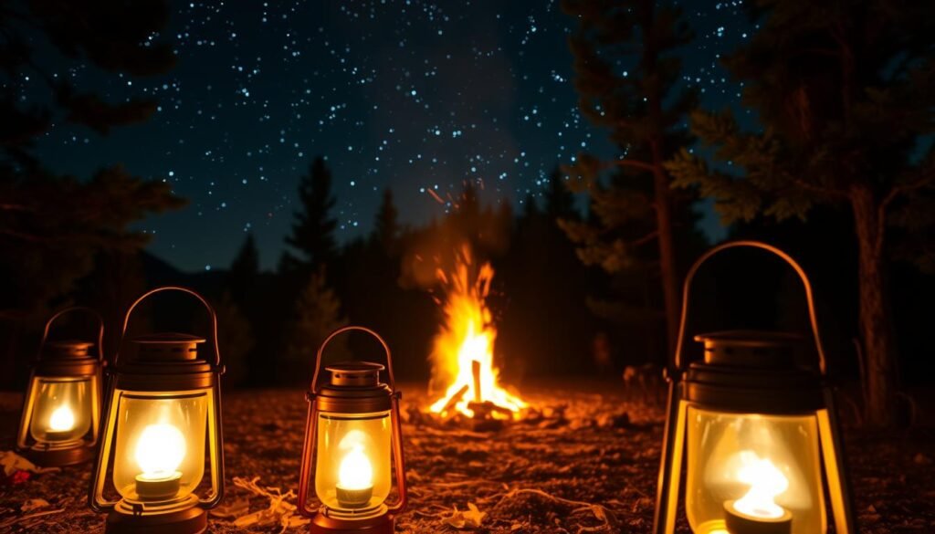 Camping lights flickering softly, casting a warm, inviting glow across the serene outdoor scene. In the foreground, a group of lanterns emit a cozy, ambient light, their soft illumination reflecting off the surrounding trees and natural landscapes. In the middle ground, a campfire crackles, its dancing flames adding to the mesmerizing ambiance. The background is filled with a starry night sky, the stars twinkling brightly, creating a sense of tranquility and wonder. The overall mood is one of comfort, relaxation, and immersion in the great outdoors, perfectly capturing the essence of effective campsite illumination. Camping lights flickering softly, casting a warm, inviting glow across the serene outdoor scene. In the foreground, a group of lanterns emit a cozy, ambient light, their soft illumination reflecting off the surrounding trees and natural landscapes. In the middle ground, a campfire crackles, its dancing flames adding to the mesmerizing ambiance. The background is filled with a starry night sky, the stars twinkling brightly, creating a sense of tranquility and wonder. The overall mood is one of comfort, relaxation, and immersion in the great outdoors, perfectly capturing the essence of effective campsite illumination.