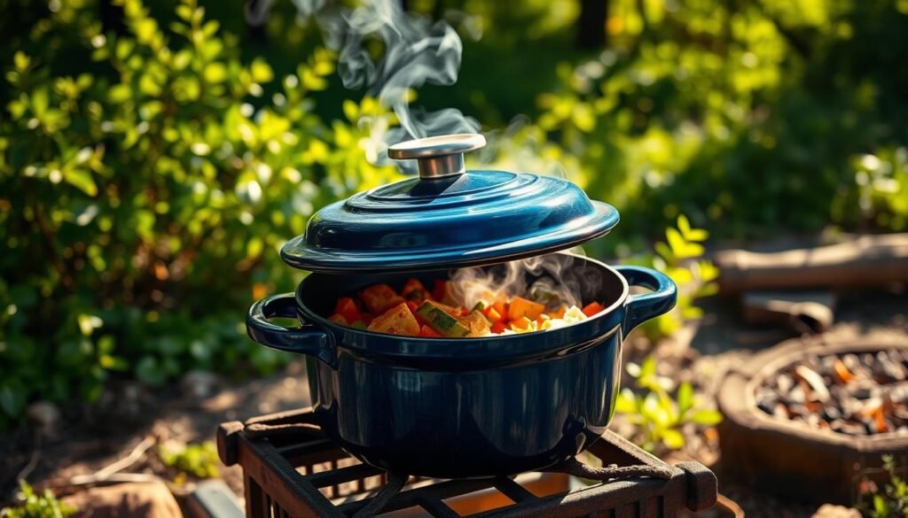 Enameled dutch oven baking bread in outdoor kitchen Enameled dutch oven baking bread in outdoor kitchen