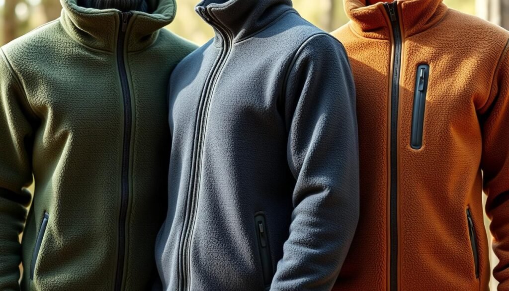 Fleece jackets for insulation, a cozy mid-layer outfit against the chill of the wilderness. Soft, brushed texture of high-quality fleece, in a range of muted, earthy tones - forest green, charcoal gray, and rustic brown. Warm yet breathable, the jackets have a slim, tailored fit with a full-zip closure and a stand-up collar for added coverage. Strategically placed seams and panels create a flattering silhouette. Indoors or outdoors, these versatile fleece layers offer reliable thermal protection for your next camping adventure. Bright, natural lighting illuminates the jackets' details, showcasing their functional and fashionable design. Fleece jackets for insulation, a cozy mid-layer outfit against the chill of the wilderness. Soft, brushed texture of high-quality fleece, in a range of muted, earthy tones - forest green, charcoal gray, and rustic brown. Warm yet breathable, the jackets have a slim, tailored fit with a full-zip closure and a stand-up collar for added coverage. Strategically placed seams and panels create a flattering silhouette. Indoors or outdoors, these versatile fleece layers offer reliable thermal protection for your next camping adventure. Bright, natural lighting illuminates the jackets' details, showcasing their functional and fashionable design.