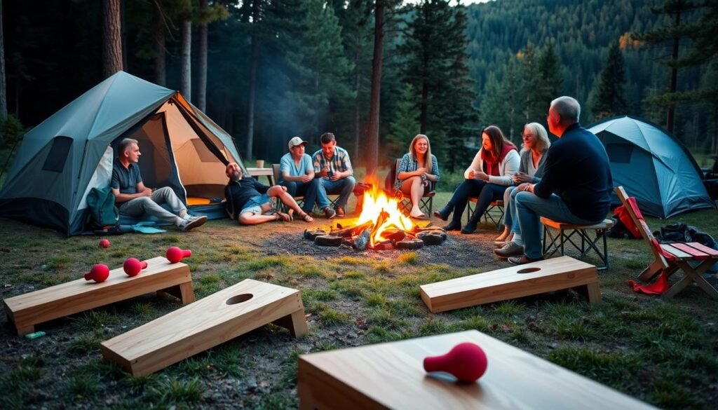Outdoor campsite with a group of adults engaged in lively games and activities. In the foreground, a cornhole game set up on a grassy area, players tossing beanbags. In the middle ground, a circle of adults sitting around a crackling campfire, laughing and playing a card game. In the background, a cozy tent and camping gear, with a lush, pine-forested landscape illuminated by warm, natural lighting. The scene conveys a sense of camaraderie, adventure, and relaxation, capturing the spirit of an exciting outdoor getaway.