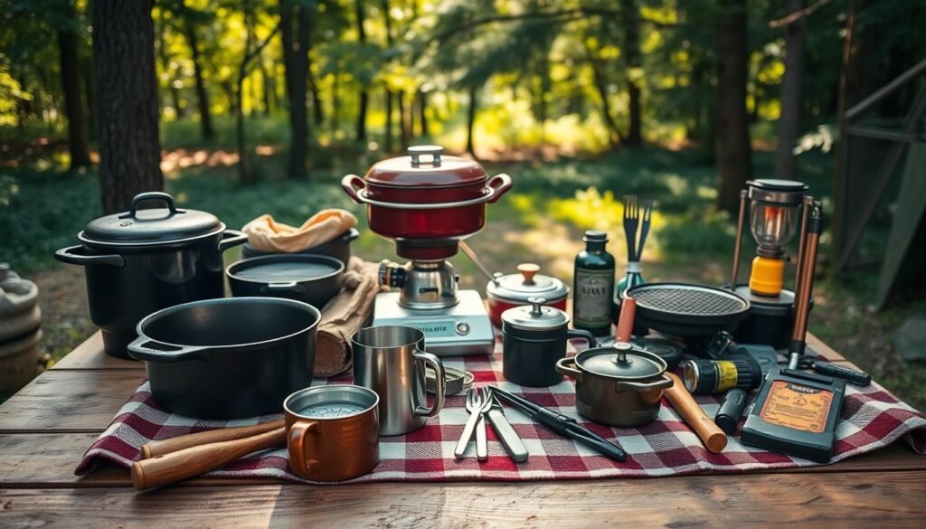 Outdoor cooking supplies arranged on a wooden table, with a warm, rustic aesthetic. In the foreground, cast iron cookware, a sturdy camp stove, and grilling tools sit atop a checkered picnic blanket. In the middle ground, a collection of essential camping items like a camp mug, compass, and headlamp create an organized, well-equipped setup. The background features a lush, forested scene with dappled sunlight filtering through the trees, conveying a peaceful, natural ambiance. The overall composition suggests a cozy, self-sufficient outdoor cooking experience.
