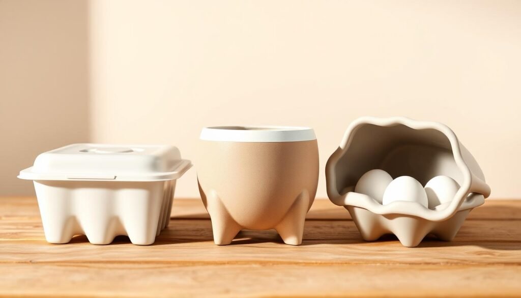 Outdoor egg storage containers made of various materials - sturdy plastic, hard-shell ceramic, and flexible silicone. The containers are arranged on a natural-looking wooden surface, with a neutral-toned background of soft, diffused light. The containers are depicted in a clean, minimalist style, with a focus on their functional design and material properties. The lighting creates subtle shadows and highlights the textures of the different materials, allowing the viewer to appreciate the visual and practical differences between the plastic, ceramic, and silicone options.