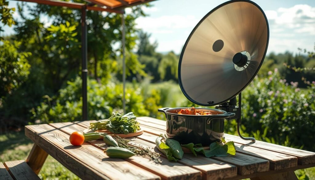 Outdoor solar oven cooking scene with a rustic wooden picnic table under a bright, sunny sky. A large, parabolic solar cooker sits atop the table, focusing sunlight to heat a pot or pan with a hearty, simmering dish. Nearby, fresh produce and herbs are neatly arranged, ready to be added. The atmosphere is serene, with lush greenery in the background, conveying a sense of eco-friendly, off-the-grid living. Soft, natural lighting illuminates the scene, emphasizing the oven's efficient, renewable energy harnessing. The image should feel inviting, practical, and in harmony with the surrounding natural environment. Outdoor solar oven cooking scene with a rustic wooden picnic table under a bright, sunny sky. A large, parabolic solar cooker sits atop the table, focusing sunlight to heat a pot or pan with a hearty, simmering dish. Nearby, fresh produce and herbs are neatly arranged, ready to be added. The atmosphere is serene, with lush greenery in the background, conveying a sense of eco-friendly, off-the-grid living. Soft, natural lighting illuminates the scene, emphasizing the oven's efficient, renewable energy harnessing. The image should feel inviting, practical, and in harmony with the surrounding natural environment.