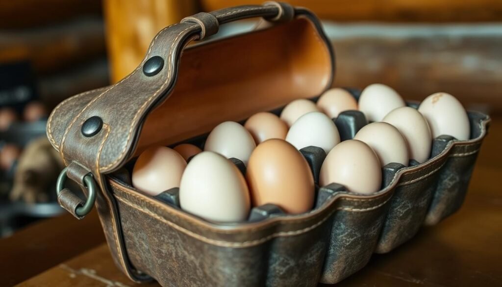 Rugged egg carriers for outdoor adventures, a weathered leather case with a secure latch, the worn metal buckles gleaming in the soft natural light. Inside, a cushioned compartment to gently cradle a dozen farm-fresh eggs, ready to be transported to the campsite or trailhead. The carrier's distressed finish evokes a sense of time-tested reliability, a steadfast companion for your next wilderness excursion. The background suggests a rustic cabin or log cabin interior, with warm wooden tones and hints of natural textures to complement the earthy, utilitarian aesthetic of the egg carrier. An essential tool for the adventurous outdoors enthusiast, protecting your precious cargo with rugged, dependable style.