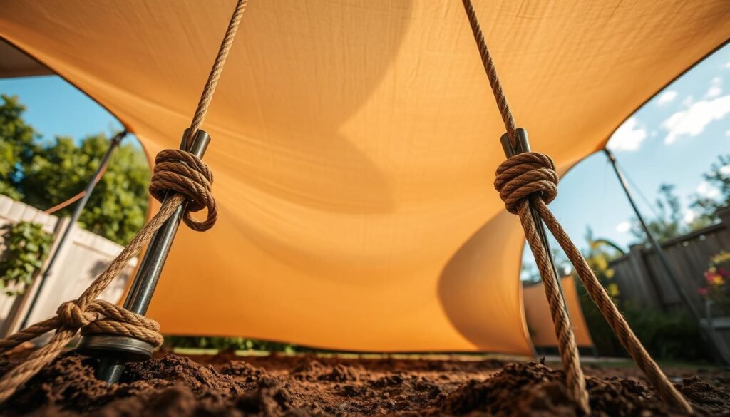 Secure homemade tarp canopy anchoring setup Secure homemade tarp canopy anchoring setup